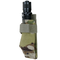A black flashlight is secured in the Condor i-Pouch - Scorpion OCP, featuring a Scorpion OCP camouflage design with a Velcro strap and a metal clip on the side.